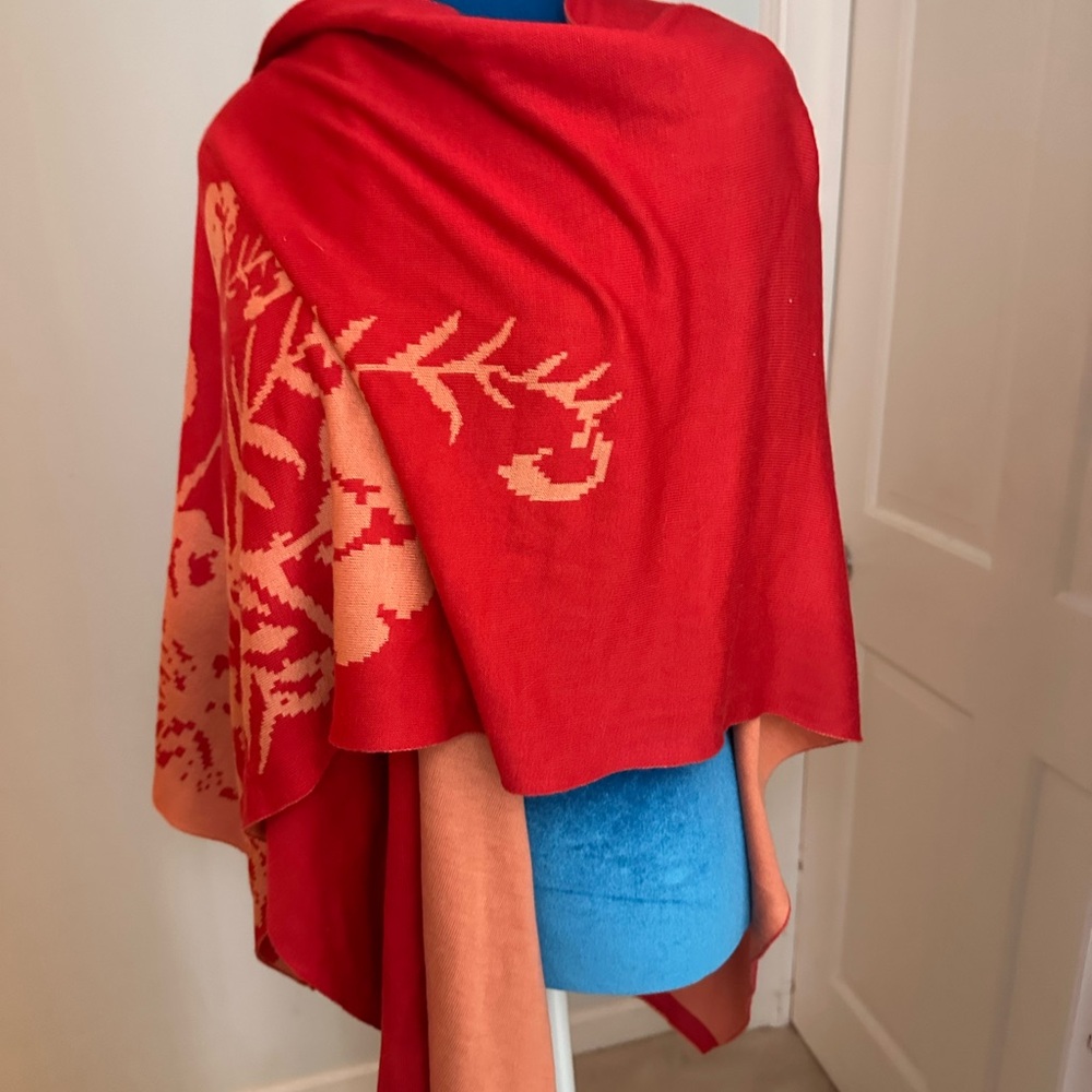 Coldwater Creek Red and Orange Floral Poncho reversible one size